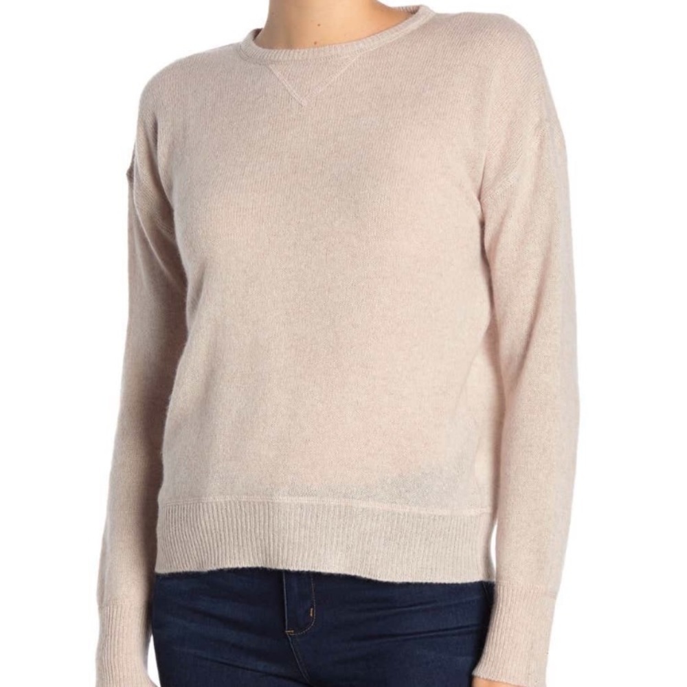 QI Crew Neck Cashmere Crew Neck Sweater Beige Large NWT